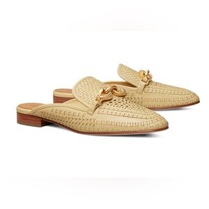 Tory Burch Beige Woven Leather Backless Loafers with Gold Chain Accent